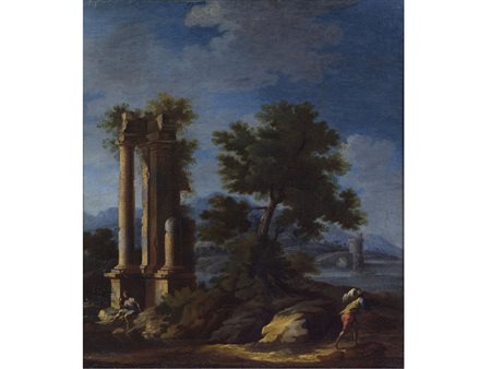 Gennaro Greco (Napoli 1665-1714) Paesaggio con rovine Olio su tela 55x47.7 cm