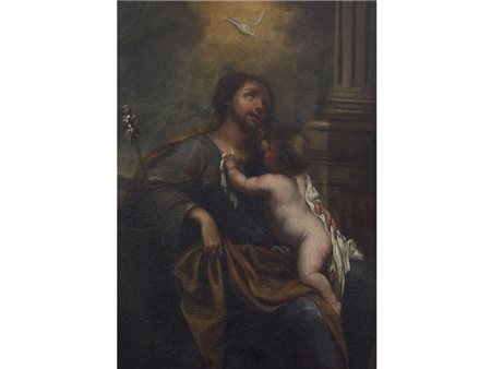 Scuola lombarda (XVII secolo) San Giuseppe con Gesù Bambino olio su rame...