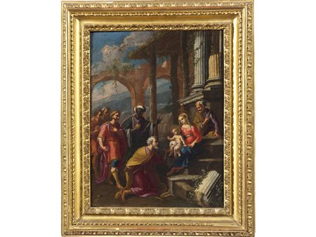 Scuola romana (XVIII secolo) Adorazione dei Magi olio su tela 40x31 cm