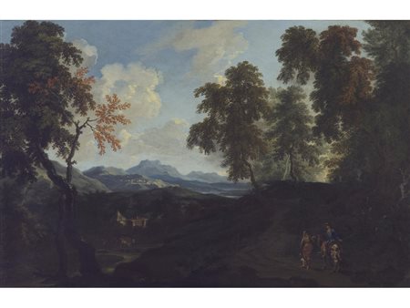 Scuola romana (XVIII secolo) Paesaggio con figure olio su tela 49x75,5 cm