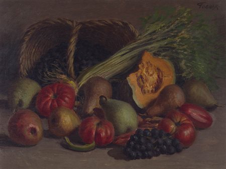 Fornari (XIX-XX secolo) Natura morta con zucca olio su tavola 49x64 cm