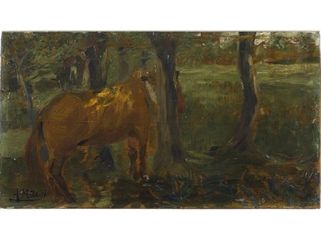 Alessandro Milesi (1856-1945) Cavallo olio su tavoletta 20,5x37 cm