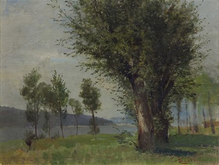 Umberto Dell'Orto (1848-1895) Paesaggio del lago Maggiore olio su cartone...