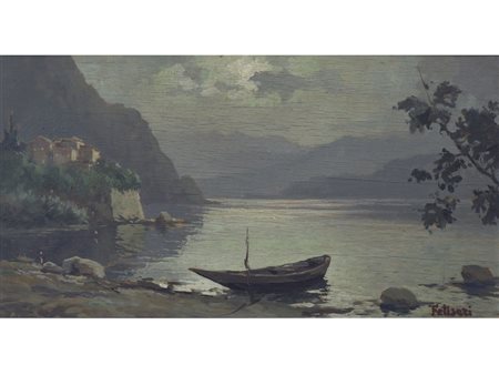 Felisari Barca sul lago olio su compensato 23x43,5 cm