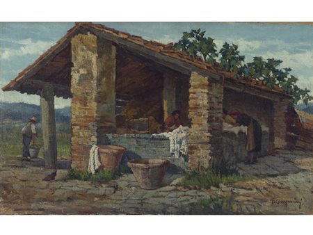 Giuseppe Comparini (1894-1980) Lavandaie presso un rustico olio su tela 36x58 cm
