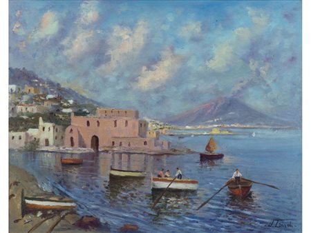 Firma illeggibile (XX secolo) Paesaggio napoletano con Vesuvio olio su tela...