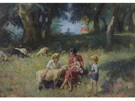Giuseppe Magni (1869-1956) Al pascolo olio su cartoncino 25x35 cm