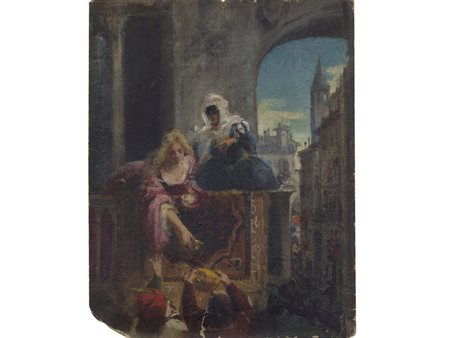 Anonimo (XIX-XX secolo) Scena di Carnevale olio su tela 32x26 cm