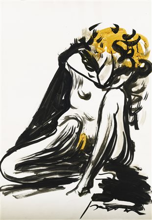 Lucio Fontana 1899 - 1968 NUDO FEMMINILE firmato china nera, gialla, oro cm...