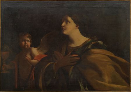Scuola emiliana, sec. XVIIGIOVANE SANTA CON ANGELOolio su tela, cm 84,5x117,5