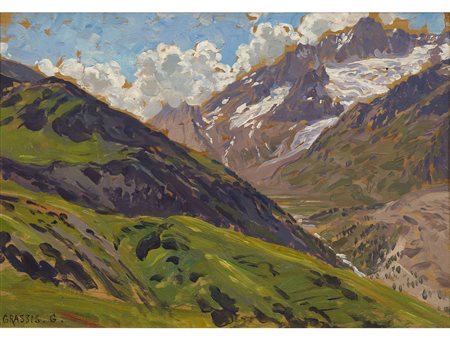 Giuseppe Grassis (Torino 1870-1949) Valle alpina a primavera Olio su...