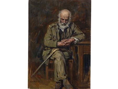 Giuseppe Grassis (Torino 1870-1949) Vecchio seduto Olio su tavoletta Senza...