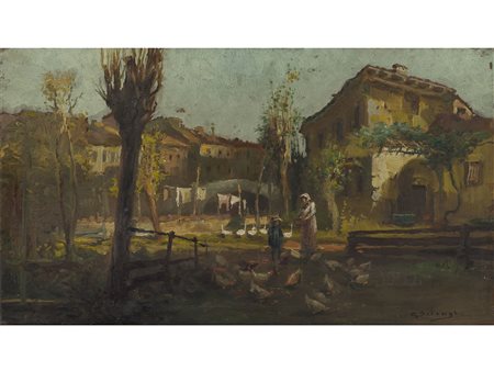 Giuseppe Solenghi (Milano1879-Cernobbio1944) Lavori nell'aia Olio su tavola...