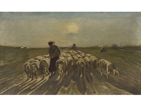 Anonimo (XX secolo) Rientro del gregge Olio su compensato 30x50 cm