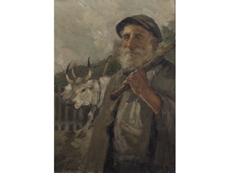Firma illeggibile (XX secolo) Vecchio contadino Olio su tela 70x50 cm