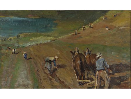 Luigi Vicentini (1901-1970) Paesaggio agricolo con figure e buoi Olio su...