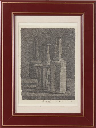 MORANDI GIORGIO (1890 - 1964) Natura morta con vasetto e tre bottiglie....