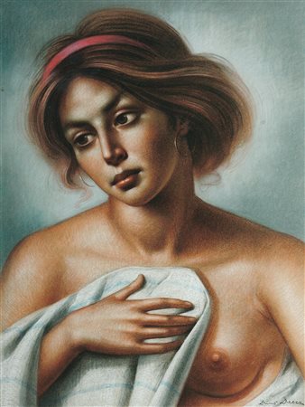 DECCA DINO (1935 - 2005) Busto di modella con nastro rosa. Pastello su carta....