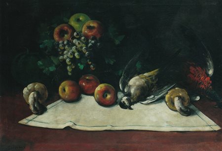 CAPUZZA Natura morta con frutta,funghi e volatile. Olio su tavola. Cm 98,50 x...