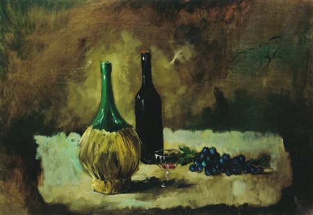 MONTI CESARINO (1916 - 1979) Natura morta con bottiglia di vino e uova. 1966....
