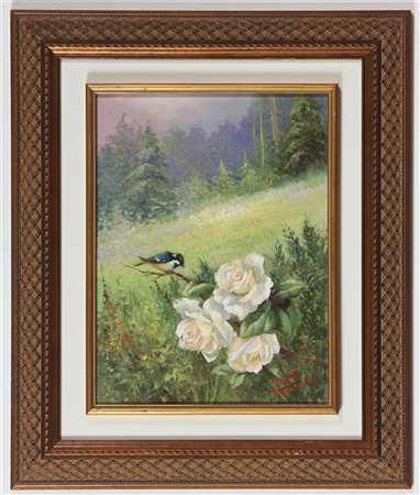LOHNI ORLOFF SASHA (n. 1947) Paesaggio con rose. Olio su tela . Cm 30,00 x...