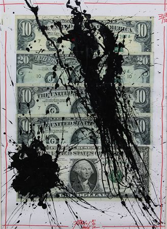 Hide Peter Petrolio, 2012 tecnica mista e banconote stampate su carta, cm....