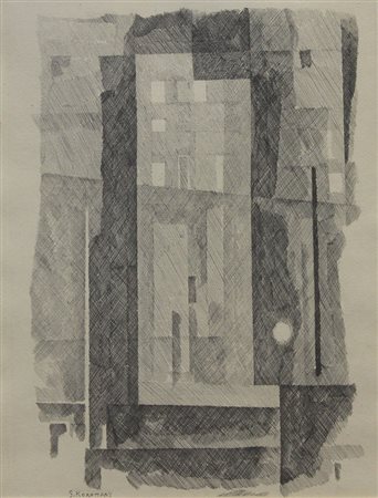 Korompay Giovanni Quartiere di città, 1958 incisione su carta, cm. 43,5x36,5,...