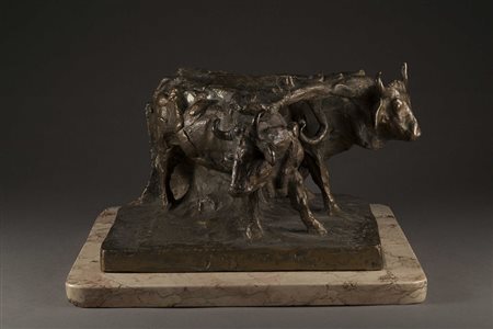 Leonardo Bazzaro (Milano 1853 - 1937) - "Buoi con giogo" scultura in bronzo...