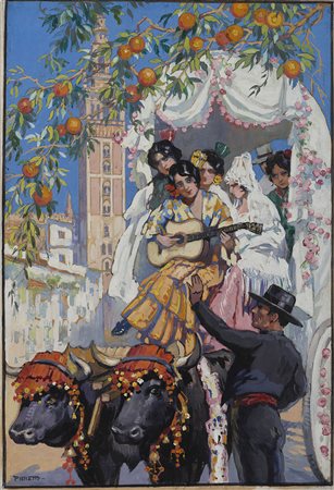 Pieretto Bianco (Trieste 1875 - Bologna 1937) - "Scena spagnola" tempera su...