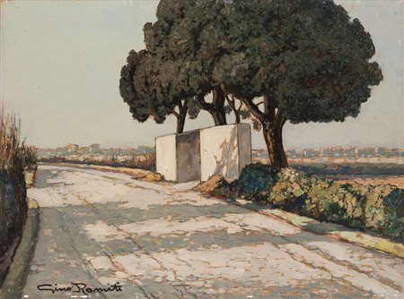 Gino Romiti (Livorno 1881 - 1967) - "Viale con paese sullo sfondo" olio su...