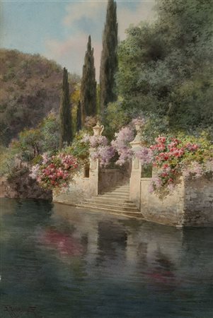 Alberto Prosdocimi (Venezia 1852 - 1925) - "Scalinata fiorita sul lago"...