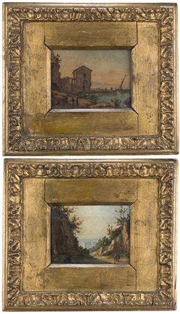 Scuola napoletana del XIX secolo "Paesaggi con figure" Due dipinti ad olio su...