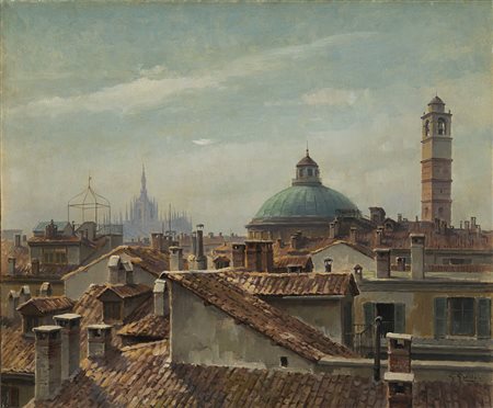 Giannino Grossi (Milano 1889 - 1969) - "Veduta dei tetti di casa Beretta,...