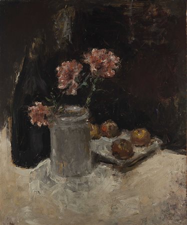 Arturo Rietti (Trieste 1863 - Padova 1943) - "Vaso con fiori rosa e frutta"...