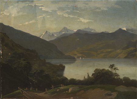 Giuseppe Camino (Torino 1818 - Caluso 1890) - "Paesaggio lacustre" 1875 olio...
