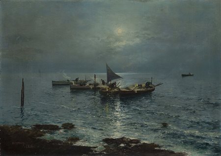 Giovanni Cavalleri (Sabbio 1858 - Bergamo 1934) - "Pesca notturna" 1926 olio...
