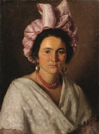 Domenico Morelli (Napoli 1826 - 1901) RITRATTO FEMMINILE olio su tela, cm...