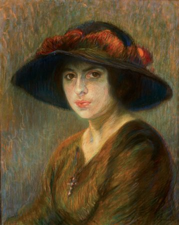 Edgardo Curcio (1881-1923) Ritratto di signora con cappello Firmato E. Curcio...