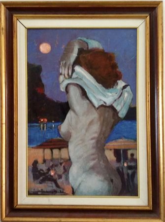 Gianni Sesia della Merla "nudo in spiaggia" olio e smalti su tavola cm 60x40...