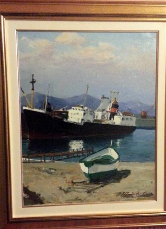 Marcello Cavallo "Scorcio di porto" olio su cartone telato cm 50x40