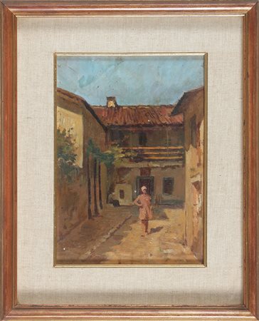 BIANCHI ARTURO (1856 - 1939) Cascina con ragazza. Olio su cartoncino. Cm...