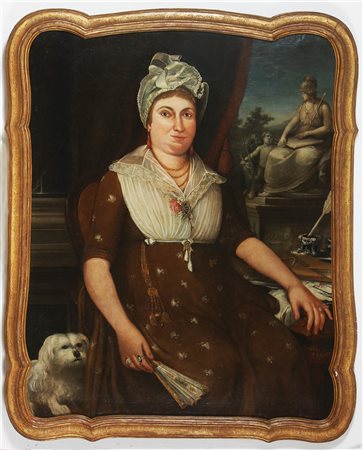 ARTISTA DEL XVIII SECOLO Ritratto di donna con libro dei conti. Olio su tela...