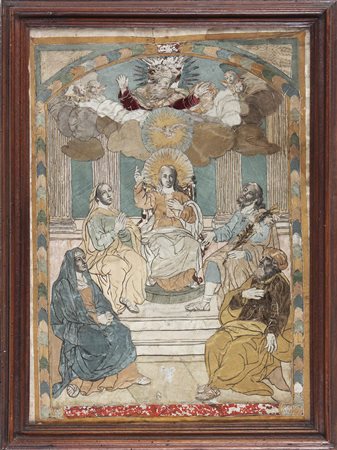MANIFATTURA ITALIANA DEL XVIII SECOLO Cristo in trono. seta e stoffa. Cm...