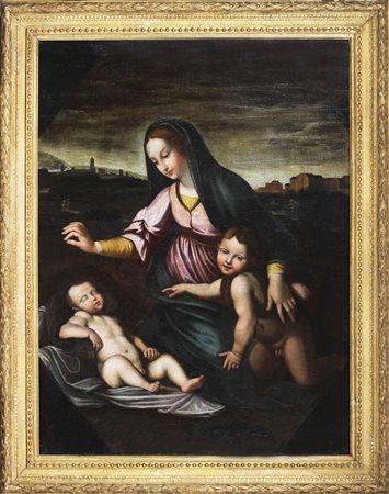 PITTORE TOSCANO DEL XVII SECOLO Madonna con bambino. Olio su tela . Cm 91,00...