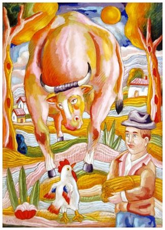 ROBERTO SGUANCI Firenze 1948 Toro, contadino e gallo Olio su cartone inciso...