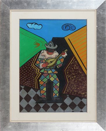 ORIANI PIPPO (1909 - 1972) Arlecchino suonatore. Olio su tela . Cm 50,00 x...