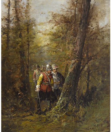 Ben (XIX secolo) Soldati nel bosco Olio su tela Firmato Misure 59.5x49.5 cm...