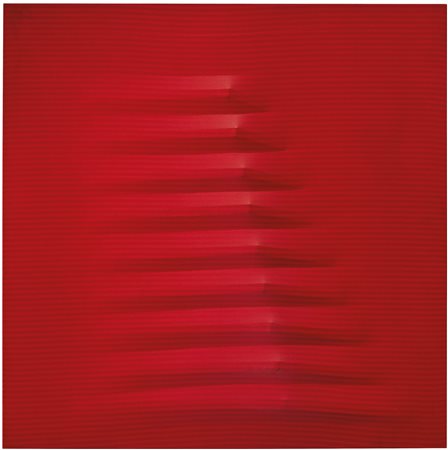 Agostino Bonalumi 1935 - 2013 ROSSO SIGNED ON THE REVERSE, STRIPED SHAPED...