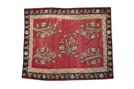 Tappeto Kilim Bessarabia Impero Ottomano a fondo rosso decorato a motivi...