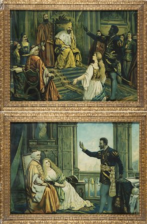 Coppia di oleografie raffiguranti scene storiche (cm 50x70) Sec. XIX . In...